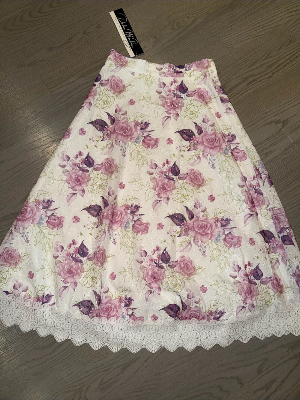 Dalia Macphee Floral A-Line Skirt in White with Pink & Purple Roses - Danae